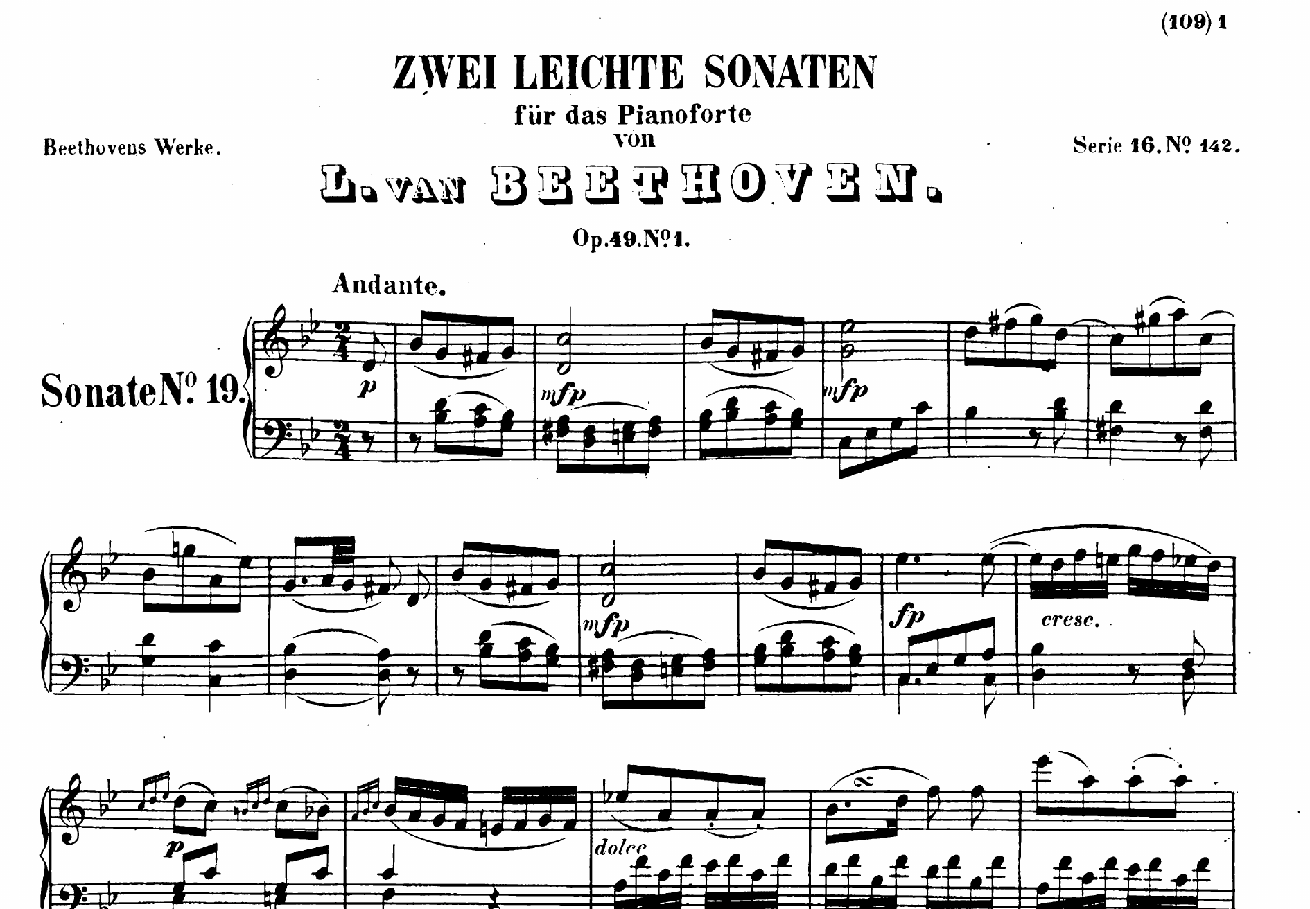Sonata Op. 49 n.º 1 de Beethoven en un iPad, con digitaciones escritas a mano