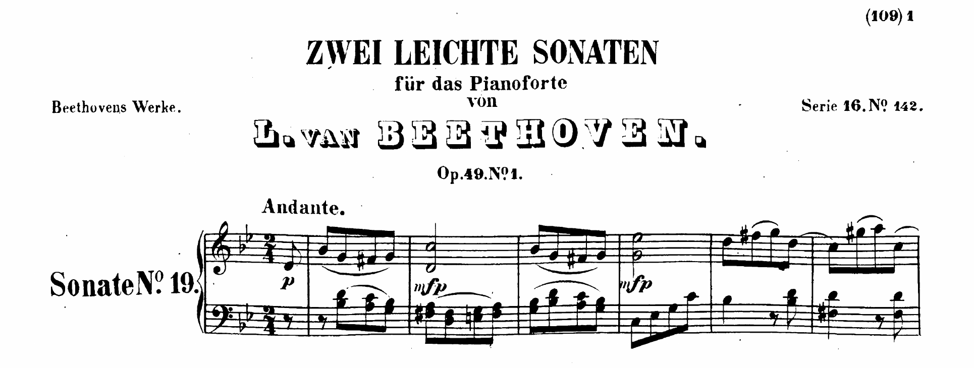 Comienzo de la Sonata Op. 49 n.º 1 de Beethoven con digitaciones escritas a mano, el Andante subrayado y el número de página tapado