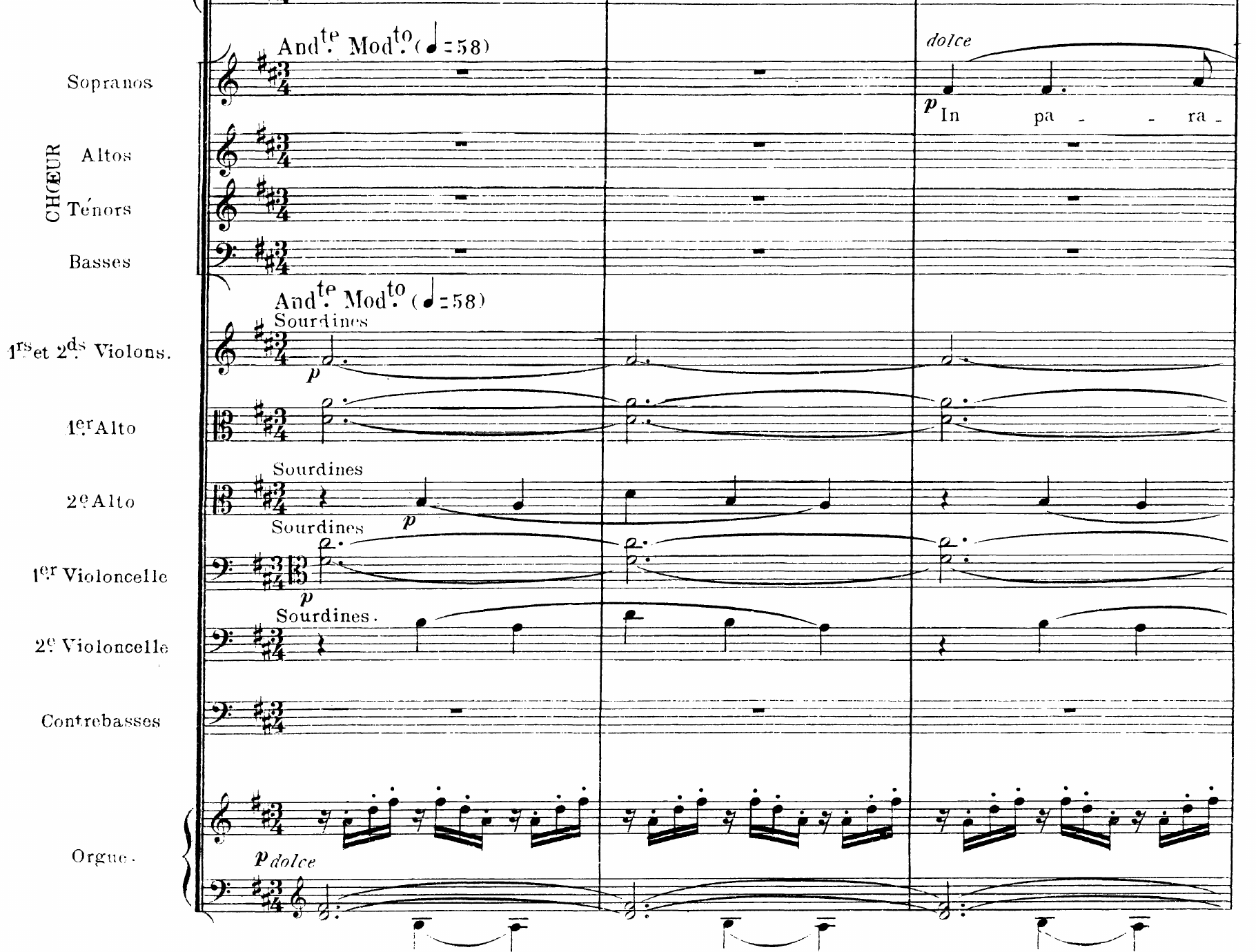 «In Paradisum» de Fauré en un iPad, con el ostinato del órgano y el tema de las sopranos marcados